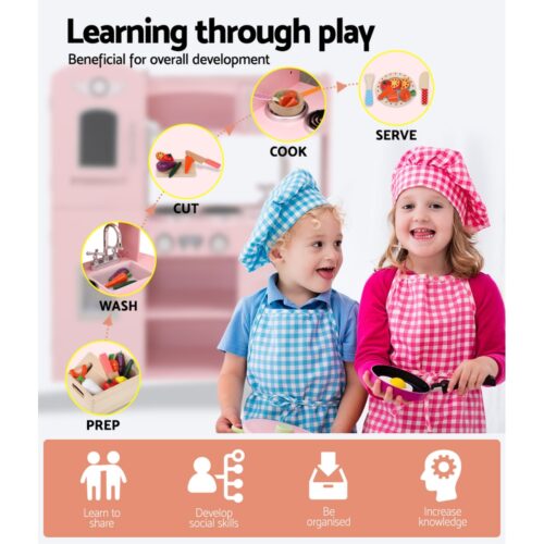Keezi Kids Kitchen Play Set Wooden Pretend Toys Cooking Children Food Pink - Image 6