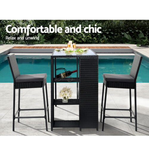 Gardeon 3-Piece Outdoor Bar Set Patio Dining Chairs Wicker Table Stools - Image 6