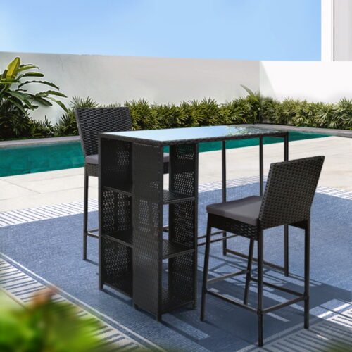 Gardeon 3-Piece Outdoor Bar Set Patio Dining Chairs Wicker Table Stools - Image 9