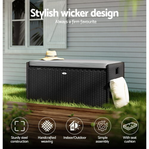 Gardeon Outdoor Storage Bench Box Wicker Garden Sheds Tools Cushion Patio Furniture Black - Image 6