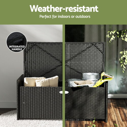 Gardeon Outdoor Storage Bench Box Wicker Garden Sheds Tools Cushion Patio Furniture Black - Image 7