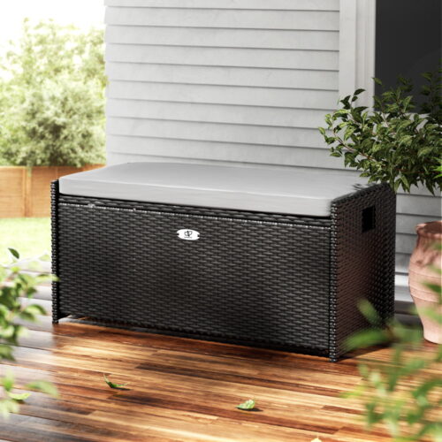 Gardeon Outdoor Storage Bench Box Wicker Garden Sheds Tools Cushion Patio Furniture Black - Image 9