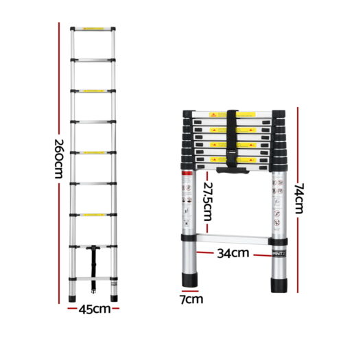 Giantz 2.6M Telescopic Ladder Aluminium Extension Extendable Steps Adjustable Height - Image 3