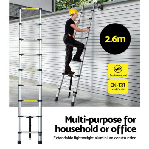 Giantz 2.6M Telescopic Ladder Aluminium Extension Extendable Steps Adjustable Height - Image 6