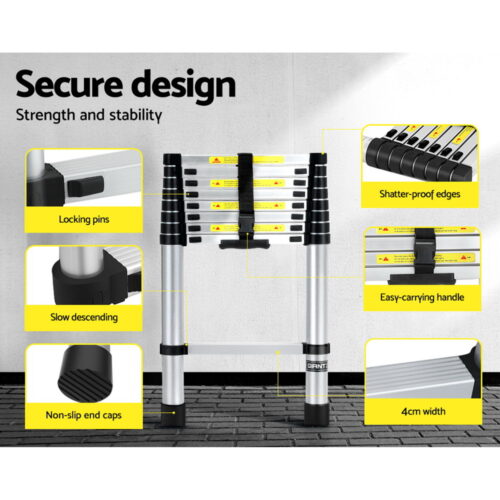 Giantz 2.6M Telescopic Ladder Aluminium Extension Extendable Steps Adjustable Height - Image 7