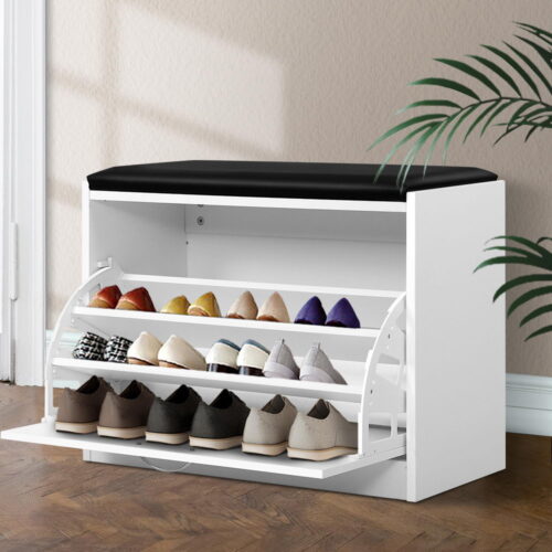 Artiss Shoe Cabinet Bench Shoes Storage Rack Organiser Drawer White 15 Pairs - Image 8