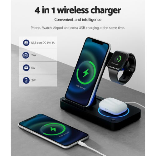 Devanti 4-in-1 Wireless Charger Station Fast Charging for Phone Black - Image 6
