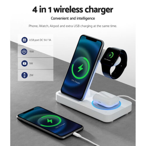 Devanti 4-in-1 Wireless Charger Dock Fast Charging for Phone White - Image 6