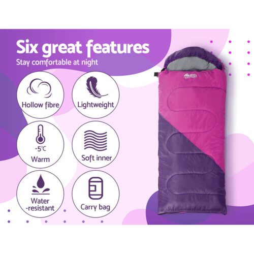 Weisshorn Sleeping Bag Kids Single 172cm Thermal Camping Hiking Pink - Image 6