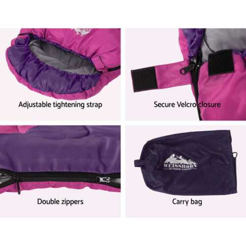 Weisshorn Sleeping Bag Kids Single 172cm Thermal Camping Hiking Pink - Image 8
