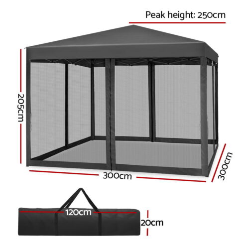 Instahut Gazebo Pop Up Marquee 3x3m Wedding Party Outdoor Camping Tent Canopy Shade Mesh Wall Grey - Image 2