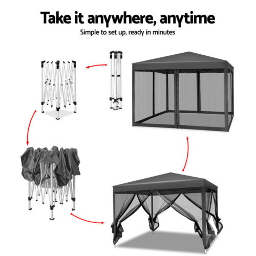 Instahut Gazebo Pop Up Marquee 3x3m Wedding Party Outdoor Camping Tent Canopy Shade Mesh Wall Grey - Image 4