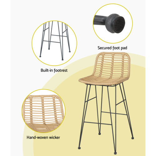 Gardeon 2x Outdoor Bar Stools Rattan Nature - Image 8