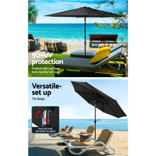Instahut Outdoor Umbrella 2.7m Base Beach Pole Garden Tilt Sun Patio UV Black - Image 6