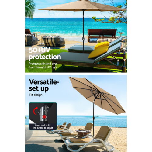 Instahut Outdoor Umbrella 3m Base Beach Pole Garden Tilt Sun Deck Patio UV Beige - Image 6