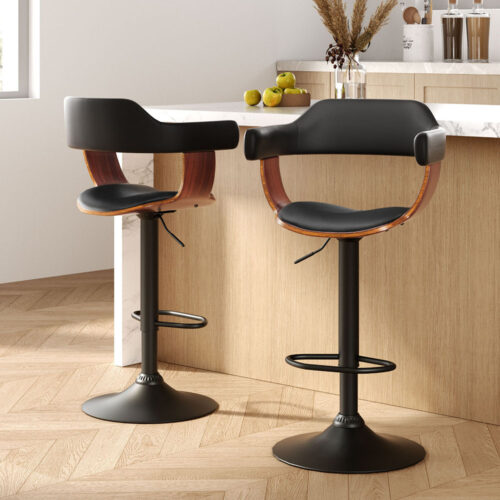 Artiss 2x Bar Stools Gas Lift Leather w/Armrest All Black - Image 2