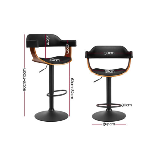 Artiss 2x Bar Stools Gas Lift Leather w/Armrest All Black - Image 3