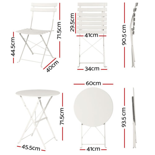 Gardeon 3PC Outdoor Bistro Set Steel Table and Chairs Patio Furniture White - Image 3
