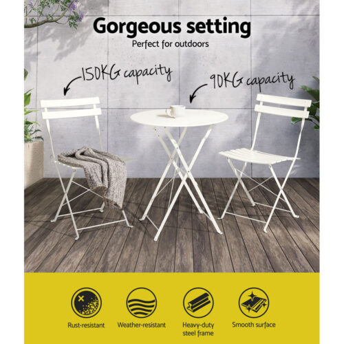 Gardeon 3PC Outdoor Bistro Set Steel Table and Chairs Patio Furniture White - Image 6