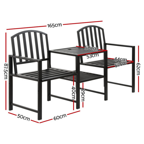 Gardeon Outdoor Garden Bench Seat Loveseat Steel Table Chairs Patio Furniture Black - Image 3