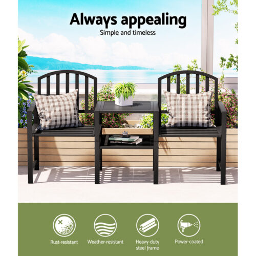 Gardeon Outdoor Garden Bench Seat Loveseat Steel Table Chairs Patio Furniture Black - Image 6