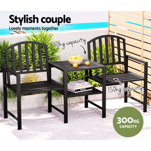 Gardeon Outdoor Garden Bench Seat Loveseat Steel Table Chairs Patio Furniture Black - Image 7