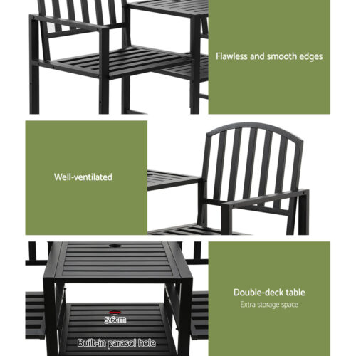 Gardeon Outdoor Garden Bench Seat Loveseat Steel Table Chairs Patio Furniture Black - Image 8