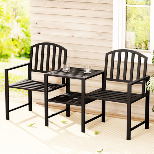 Gardeon Outdoor Garden Bench Seat Loveseat Steel Table Chairs Patio Furniture Black - Image 9