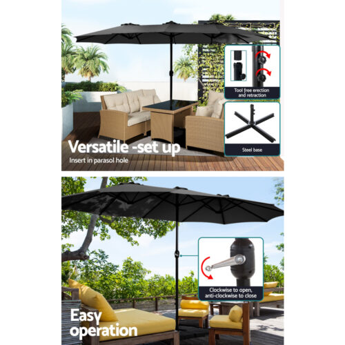 Instahut Outdoor Umbrella Beach Twin Base Stand Garden Sun Shade Black 4.57m - Image 5