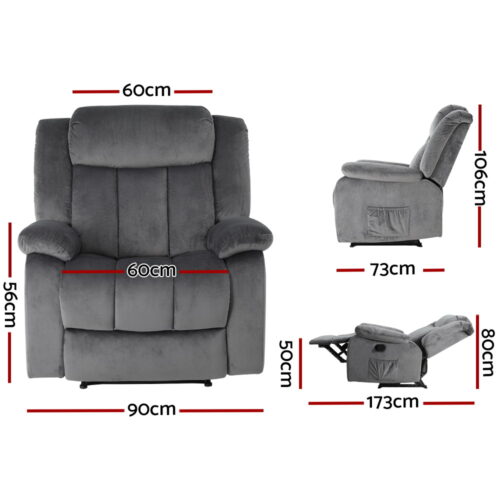 Artiss Recliner Chair Electric Massage Chair Velvet Lounge Sofa Heated Grey - Image 2