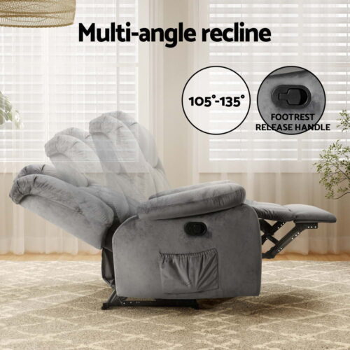 Artiss Recliner Chair Electric Massage Chair Velvet Lounge Sofa Heated Grey - Image 5