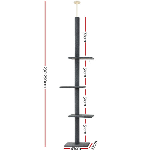 i.Pet Cat Tree 290cm Tower Scratching Post Scratcher Floor to Ceiling Cats Bed Grey - Image 2