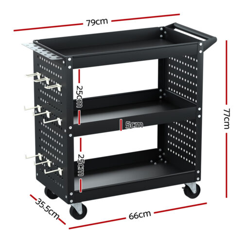 Giantz 3-Tier Tool Cart Storage Trolley Workshop Garage Pegboard Hooks Black - Image 3