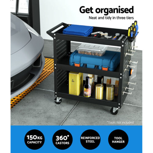 Giantz 3-Tier Tool Cart Storage Trolley Workshop Garage Pegboard Hooks Black - Image 5