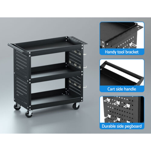 Giantz 3-Tier Tool Cart Storage Trolley Workshop Garage Pegboard Hooks Black - Image 7