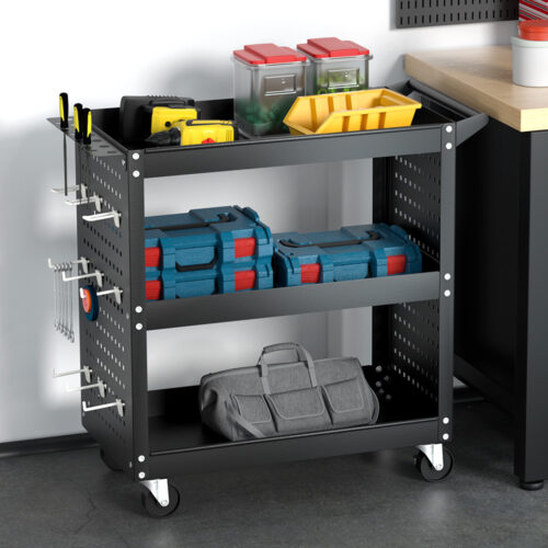 Giantz 3-Tier Tool Cart Storage Trolley Workshop Garage Pegboard Hooks Black - Image 8