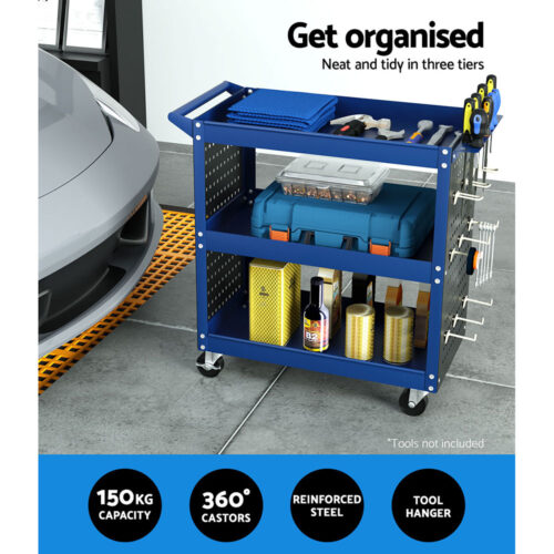 Giantz 3-Tier Tool Cart Storage Trolley Workshop Garage Pegboard Hooks Blue - Image 5