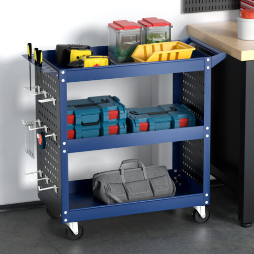 Giantz 3-Tier Tool Cart Storage Trolley Workshop Garage Pegboard Hooks Blue - Image 8