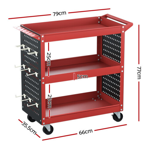 Giantz 3-Tier Tool Cart Storage Trolley Workshop Garage Pegboard Hooks Red - Image 3