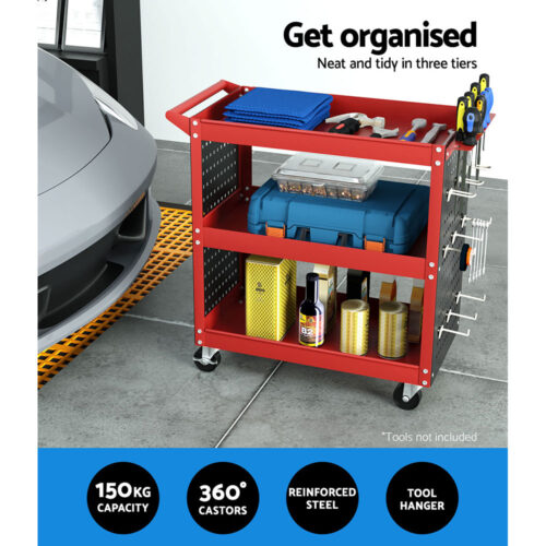 Giantz 3-Tier Tool Cart Storage Trolley Workshop Garage Pegboard Hooks Red - Image 5