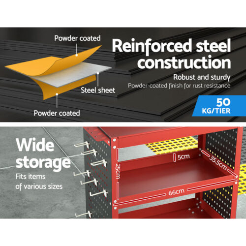 Giantz 3-Tier Tool Cart Storage Trolley Workshop Garage Pegboard Hooks Red - Image 6