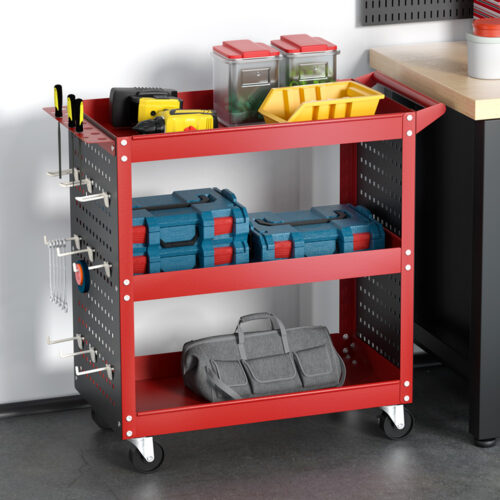 Giantz 3-Tier Tool Cart Storage Trolley Workshop Garage Pegboard Hooks Red - Image 8