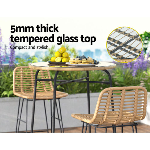 Gardeon Outdoor Bar Table Wicker Dining Bistro Patio Balcony Glass Table Steel - Image 7
