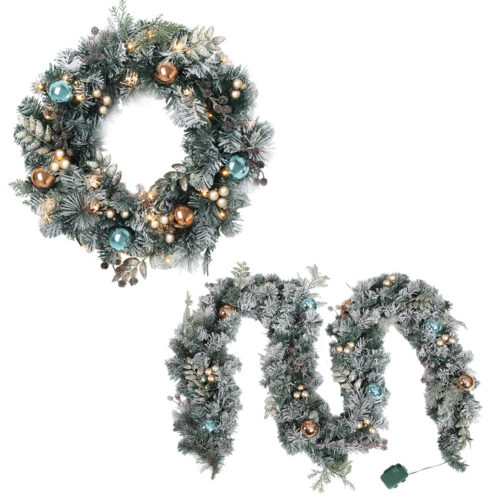 Jingle Jollys 2.7m Christmas Garland with Wreath Set LED Lights Snowy Xmas Decor - Image 2