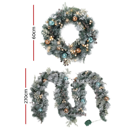 Jingle Jollys 2.7m Christmas Garland with Wreath Set LED Lights Snowy Xmas Decor - Image 3