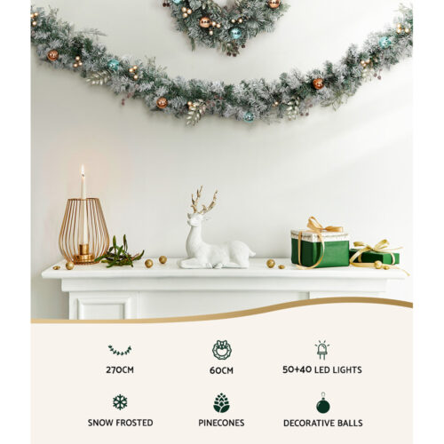Jingle Jollys 2.7m Christmas Garland with Wreath Set LED Lights Snowy Xmas Decor - Image 4