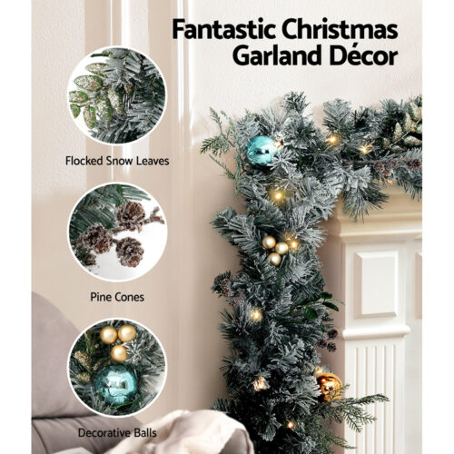 Jingle Jollys 2.7m Christmas Garland with Wreath Set LED Lights Snowy Xmas Decor - Image 5
