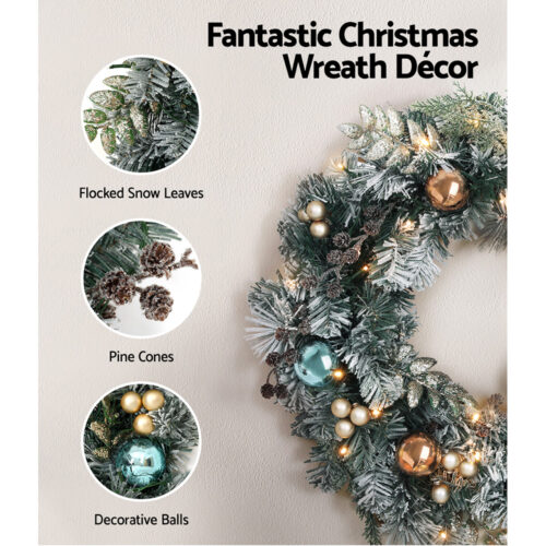Jingle Jollys 2.7m Christmas Garland with Wreath Set LED Lights Snowy Xmas Decor - Image 6