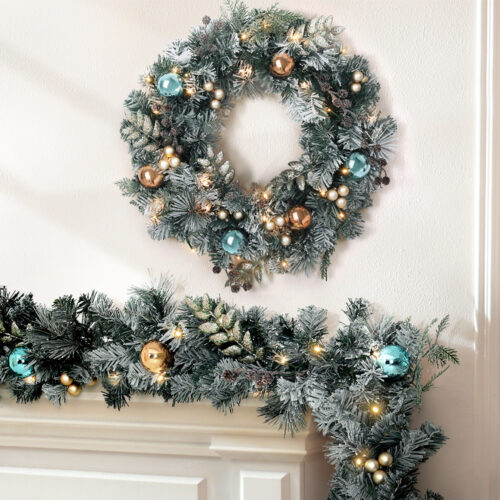 Jingle Jollys 2.7m Christmas Garland with Wreath Set LED Lights Snowy Xmas Decor - Image 8