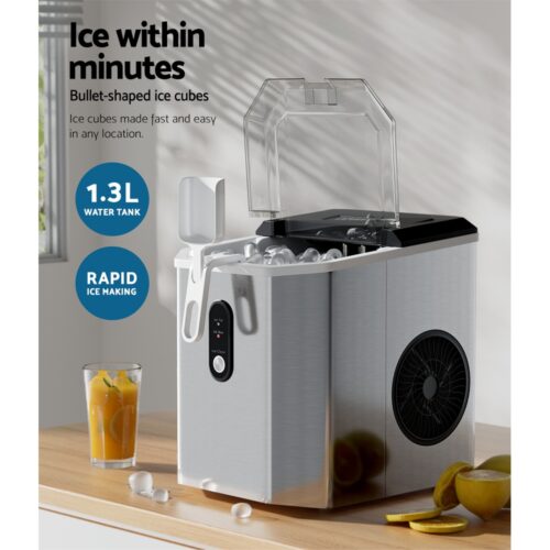 Devanti Portable Ice Maker Machine Ice Cube 12kg Bar Countertop Stainless Steel - Image 4
